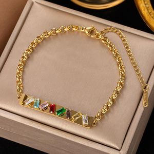 Charm Bracelets 10pcs/lot Stainless Steel Gold Color Zircon Square Charms Chain Bracelet For Women Fashion Jewelry Gift Wholesale