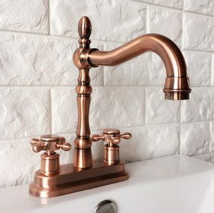 Kitchen Faucets Antique Red Copper Double Handle Dual Hole Deck Mounted Basin Faucet Swivel Bathroom Sink Mixer Tap 2rg050
