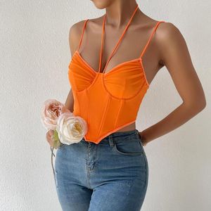 Women's Tanks Orange Halter Mesh Irregular Crop Top Women 2023 Aesthetic Sexy Camis Tank Corset Party Club Summer Outfits Underwear Bustier