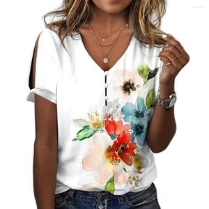 Kadın bluzları Yaz Kadınlar Kısa Kollu V Yastık Gevşek Tişört Beyaz Moda Ladies T-Shirt 3D Merkezli Flowe Baskı Üst Düzenli Giysiler