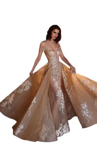 Gold Mermaid Overskirt Evening Dresses Off Shoulder Lace Appliqued Prom Dress Sweep Train See Through Beaded Formal Gowns