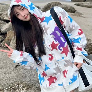 Damen Hoodies Frühling und Herbst Sweatshirt Hoodie Strickjacke Jacke Harajuku Star Print Frauen Reißverschluss Mantel Koreanisch Kawaii Sportbekleidung