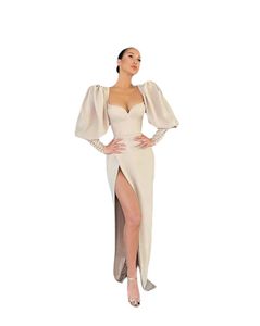 New Vintage Champagne Puff Long Sleeves Evening Dresses Side Slit Sweetheart Chiffon Satin Modern Formal Party Gown