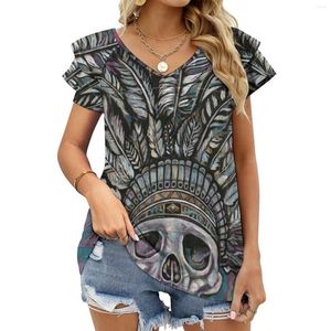 Women's T Shirts Scull Lotus Leaf Neck T-Shirt Long Sleeve Printed Fall Women Spring Tee Tops Biker Motorcycle