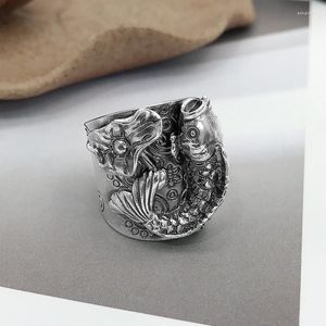 Cluster Rings S999 Sterling Silver Retro Handmade Ethnic Style Personnalité Niche Large Version Tridimensionnelle Koi Open Carp Ring