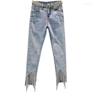 Kvinnors jeans 2023 Sommarkläder Europe Station Kvinnlig elastisk smal hög midja och diamantkantad kvinnors niopunktsbyxor