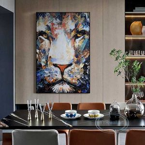 Astratta personalizzata Tiger Lion Head Wall Art Canvas Poster Pittura a olio fatta a mano Soggiorno Ristorante Portico Hotel Murale decorativo L230620