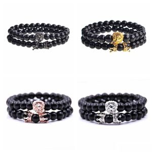 2 pezzi / set con perline re animale testa di leone onice nero braccialetto di agata pietra naturale corona coppia set di bracciali per uomo accesso ai gioielli a mano Dhuvq