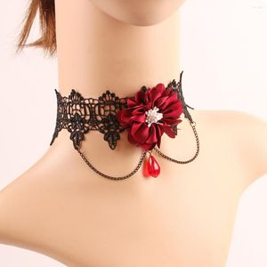 Chains Ins Europe And The United States Retro Gothic Black Women's Lace Necklace Wine Red Flowers Crystal Neck Accessories Female