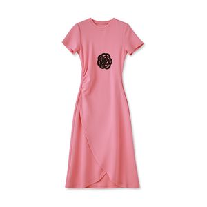 2023 Summer Pink Solid Color Dress Kort ärm Runda nacken knälängd Casual Dresses W3L046204