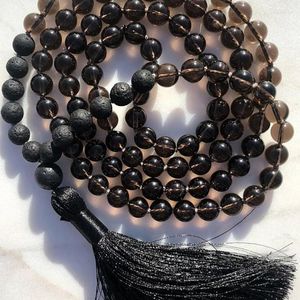 Pendant Necklaces 8mm Black Stone Knotted Japa Mala Necklace Men 108 Prayer Beads Lava & Smokey Q-uartz With Tassel