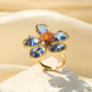 Conjunto de anéis românticos com flores de cinco pétalas, cor de ouro, masculino, feminino, cobre, pedras preciosas, azul, conjuntos de joias ajustáveis