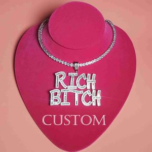 Collane con ciondolo Targhetta personalizzata con catena Icy Tennis Iced Out Diamond Baguette Lettera Nome Neckle Bling Ciondolo iniziale Gioielli Hip Hop J230620