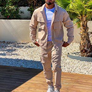 Men's Tracksuits Brown Sky Blue Mint Mens Two Piece Sets Slim Fit Outfits Streetwear Casual Workwear Cargo Jacket Pant Design Spring Autumn