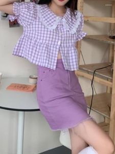 Vestidos de Trabalho Elegante Roxo Xadrez Crop Tops Cor Pura Mini Skrits 2023 Verão Moda Coreana Ternos Doce Casual Conjunto de 2 Peças Feminino