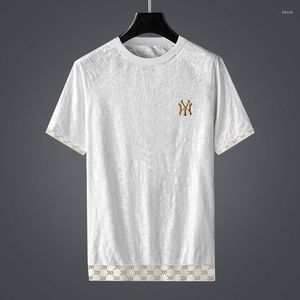 Camisetas masculinas de alta qualidade com letras bordadas e gola redonda, camisetas masculinas 2023 verão de seda gelada soltas grandes brancas de manga curta