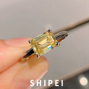 Anello solitario SHIPEI Solido argento sterling 925 Taglio smeraldo Zaffiro giallo Zaffiro bianco Gemma Matrimonio Anello di fidanzamento per le donne 230620