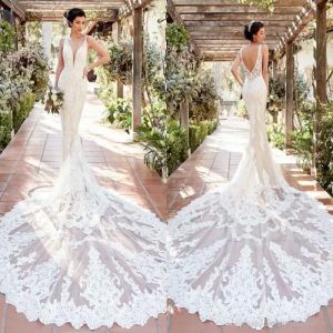 Spitze Vintage Meerjungfrau Kleider Perlen applikiertes Eintauchen gegen Hals Low Rückenless Formales Hochzeitskleid Boho Brautkleid