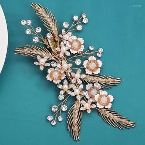 Haarspangen Hochzeit Zubehör Blume Blatt Kopf Stück Gold Farbe Haarnadel für Bräute Frauen Kristall Strass Pin Clip Brautschmuck