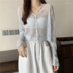 Damenstrick gestrickte weiße Strickjacken Frauen Sommer Sonnencreme Langarm abgeschnitten Achselzucken Koreanisch Durchsichtig Kimono Tops Modepullover