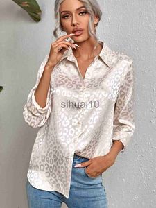 여성용 블라우스 셔츠 표범 인쇄 인쇄 새틴 실크 셔츠 여성 긴 소매 버튼 다운 블라우스 탑 여성 정장 셔츠 패션 디자이너 셔츠 J230621