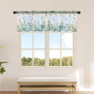 Cortina Aquarela Folhas De Eucalipto Fazenda Cortinas Curtas de Tule Para Cozinha Café Voile Transparente Meia Cortina Porta Do Quarto