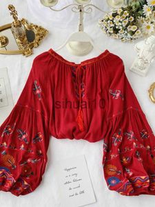 Kadınlar bluz gömlekleri 2023 bahar indie folk kadın bluz gömlek bayanlar retro moda nakış çiçekleri dantel up rahat gevşek kazak gömlek yaz j230621