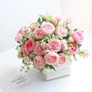 Dekorativa blommor Rose Pink Silk Bouquet Peony Artificial Flower 5 Big Head 4 Small Bud Bride Wedding Home Decoration Fake