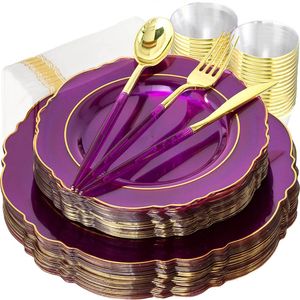 Recipientes descartáveis para viagem Talheres de festa Roxo transparente Prato de plástico com copo Conjunto de combinação de guardanapos Casamento Dia de Deus Suprimentos 230620