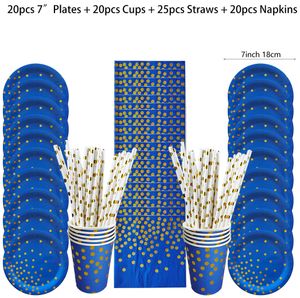 Contenitori da asporto usa e getta 40 90 pezzi Set di stoviglie a pois blu Piatti per tazze di carta Paglia per fai da te Matrimonio Compleanno Halloween Festa di Natale Decorazione 230620