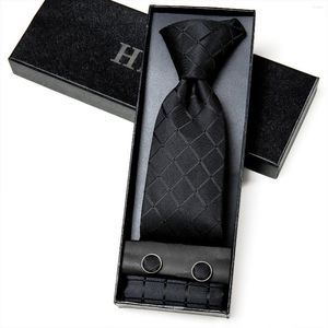 Papillon Hi-tie Regalo d'affari per uomo Cravatta nera Plaid Classic Luxury Silk Cravatta da uomo Fashion Hanky Gemelli Set Alta qualità