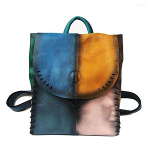 School Bags Vintage Leather Colorful Patchwork Women Backpack Cover Casual Shoulder Genuine Female Knapsack Travel