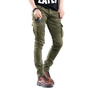 Mäns jeans Green Black Denim Biker Jeans Men Skinny Runway orolig Slim Elastic Homme Hip Hop Military Motorcycle Cargo Pants 230620