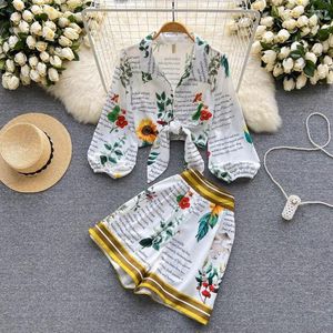 Women's Tracksuits Summer Models Of Beautiful Small Printed Lace-up Shirt Tops High-waisted Wide Leg Shorts Two-piece Suit