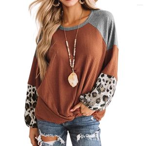 여자 T 셔츠 여성 Tshirt 캐주얼 표범 긴 소매 와플 트위스트 매듭 느슨한 셔츠 스웨터