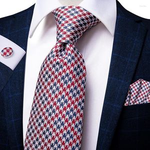 Bow Ties Hi-Tie Red Houndstooth Plaid Slips för män Blue Luxury Men's Tie Set Silk 8.5 cm Stor mode Hanky ​​manschettknappar Kvalitet