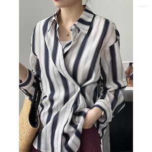 Women's Blouses Striped Shirt Korean Style Blue Brown Sunscreen Oversized Blouse