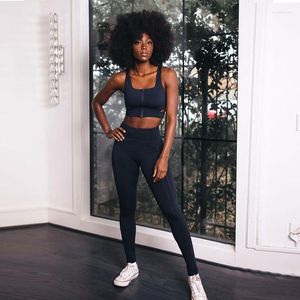 Calças femininas de duas peças femininas roupas esportivas pretas 2 roupas esportivas fitness sem costura treino de ioga sem costas com zíper tops curtos leggings de cintura alta