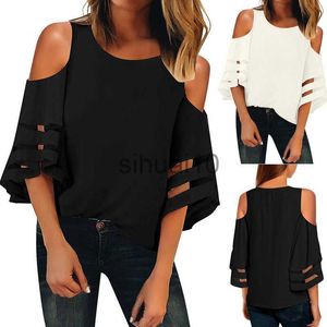 Damen Blusen Hemden Frauen Kalte Schulter Mesh Panel 3/4 Glockenärmel Lose Bluse Tops Shirt für Sommer AIC88 J230621