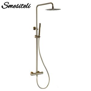 Soffioni doccia da bagno Set termostatico Rubinetto in oro spazzolato Rubinetto in ottone Sistema di temperatura Miscelatore Soffione a pioggia Montaggio a parete Spruzzatore portatile 230620