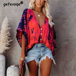 Women's Blouses Shirts Summer Fashion Oversized Deep V-neck Women's Shirt Tie Dye Vintage Print Button Batwing Sleeve Top Female Casual Loose Cardigan J230621