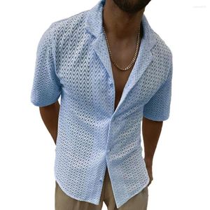 Men's Casual Shirts Men Summer Shirt Hollow Out Lapel Single Breasted Placket Short Sleeve Knitwear Loose Breathable Top Male Clothes