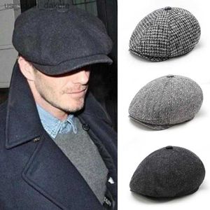 British Peaked Hat Octagonal Hat Newsboy Baker Boy Tweed Fashion Warm Elastic Flat Cap Trendy Men's Woolen Beret Retro Painter L230523