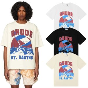 2023 Rhude Tshirt Tasarımcı Erkek Tişörtleri Gelgit Baskılı Tee Erkek Kadınlar Yuvarlak Boyun Kısa Kollu Tshirt Sıradan Gevşek Moda Yüksek Sokak Hip Hop