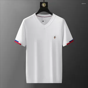 Erkekler Tişörtleri 2023 Yaz Arı Nakış V-Neck Örgü Erkekler Kısa Kollu Slimp Slim Fit Avrupa Kontrast Dikiş Kazak T-Shirt Erkekler