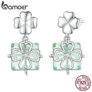 Orecchini a bottone in argento sterling 925 con quadrifoglio Orecchini a bottone in vetro trasparente quadrato verde chiaro per regalo da donna BSE745 230620