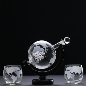 Bar Tools Whiskey Decanter Globe Wine Aerator Glass Set Sailboat Skull Inside Crystal with Fine Wood Stand Liquor for Vodka Cup 230621