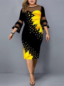 Kleider in Übergröße, Spitzenkleider, Übergröße, Damen, lässig, Blumendruck, Mesh, Midi, Spitzenärmel, Party, Weihnachten, Kleid für das ganze Jahr, Kleidung 230620