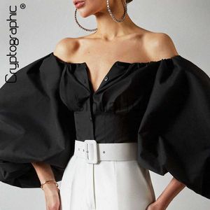 Kvinnors blusar Skjortor Cryptographic Off Shoulder Lantern Sleeve Sexig Women Top and Blus Shirts Button Up Backless Crop Tops Fashion Blusa Mujer J230621