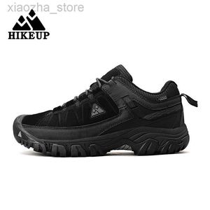 Hiking Footwear HIKEUP New High Quality Men Hiking Shoes Durable Leather Climbing Shoes Outdoor Walking Sneakers Rubber Sole Factory OutletHKD230621